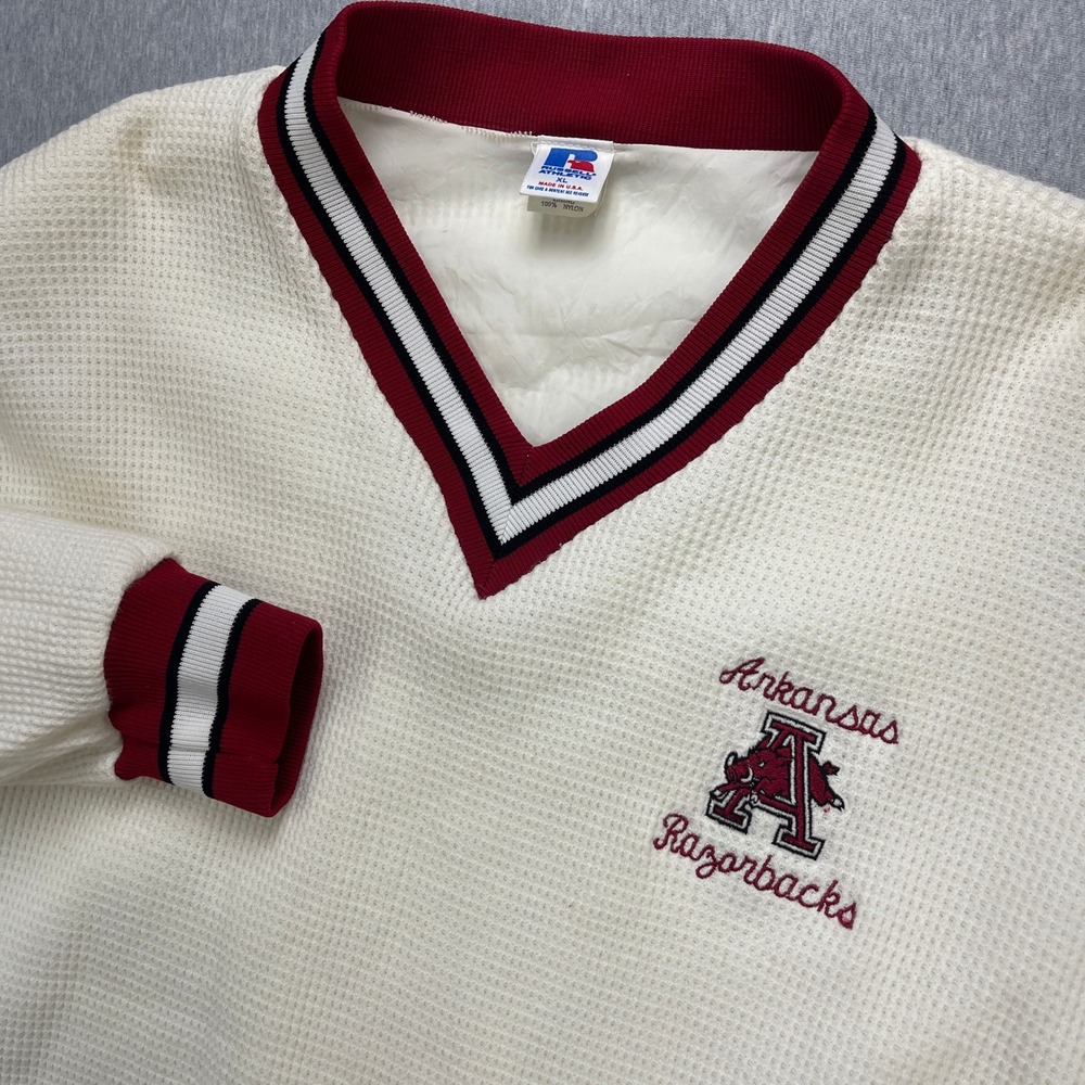 Vintage Arkansas Razorbacks Sweater Mens XL White Waffle V Russell Athletic USA - Picture 4 of 11